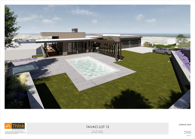 Modern exterior with a flat roofline, an expansive patio, a rectangular swimming pool, and an integrated spa