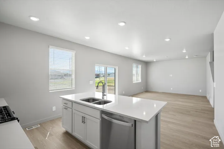 **DISLCAIMER**  Interiors do not show upgrades included. Kitchen island featuring a double-basin sink, stainless steel dishwasher, and a white countertop