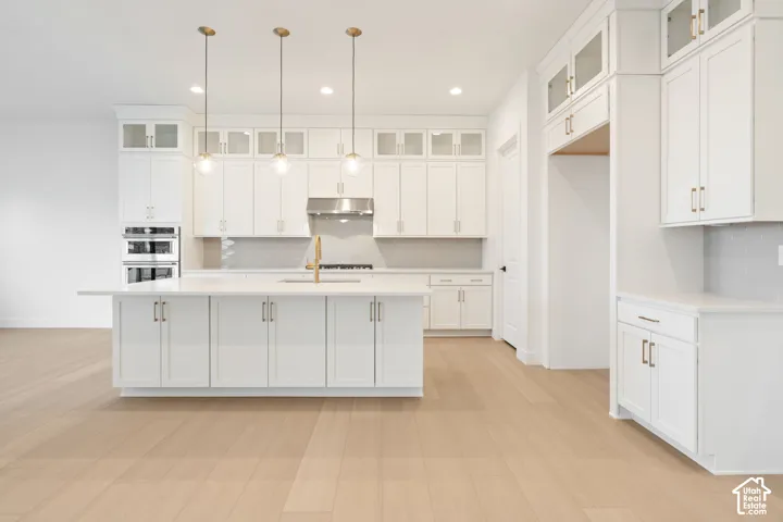 Spacious kitchen with white cabinetry, light-toned wood-finish flooring, a central island with countertop, stainless steel appliances, and pendant lighting