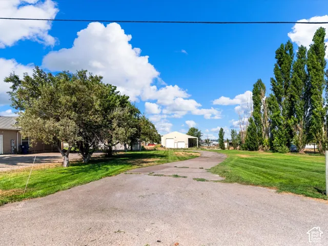 Expansive lot featuring a gravel drive, mature trees, manicured lawns, and a large detached garage with two bay doors