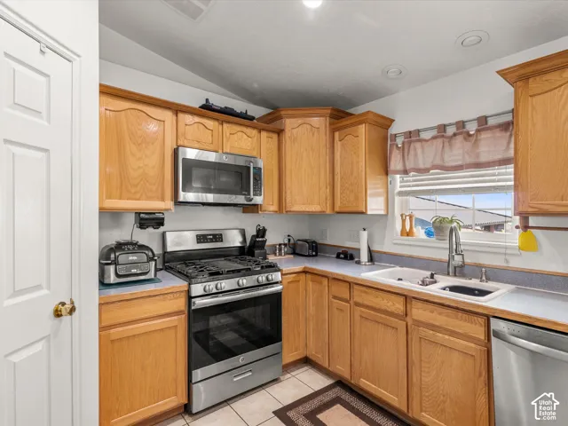 Kitchen featuring wood-finish cabinetry, stainless steel appliances, a double basin sink, and a window with natural light