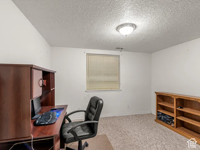 Carpeted room featuring a window with blinds and a flush-mount ceiling light