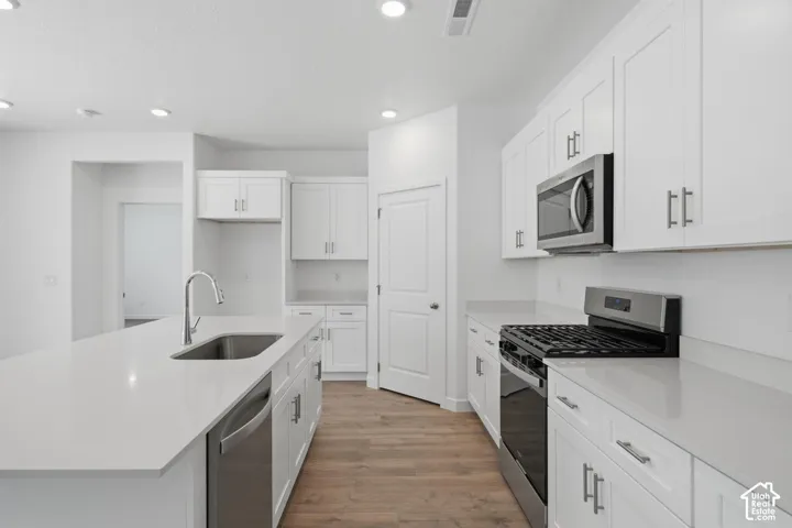 Kitchen featuring white cabinetry, stainless steel appliances, a large island with an undermount sink, recessed lighting, and wood-finish flooring