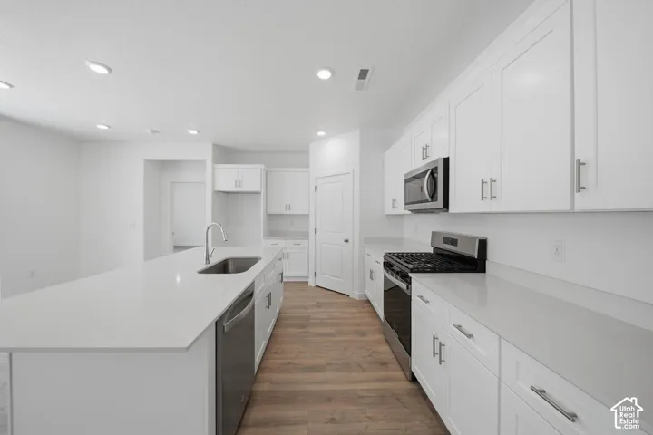 Kitchen featuring white cabinetry, light-toned countertops, wood-finish flooring, recessed lighting, and stainless steel appliances