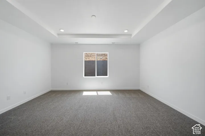 Tray ceiling with recessed lighting, neutral wall finishes, gray carpet, and a single window