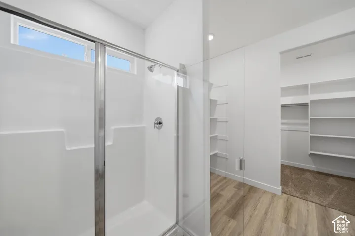 Shower with chrome fixtures and transom windows, wood-finish flooring, and built-in closet shelving