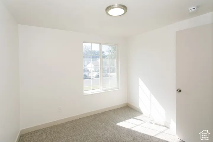 Wall-to-wall carpeting, single-pane window, flush-mount ceiling light, and interior door