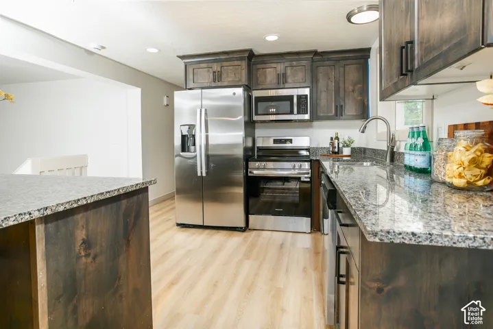 Kitchen featuring wood-finish flooring, dark wood cabinetry, stainless steel appliances, granite countertops, and a stainless steel sink with a gooseneck faucet