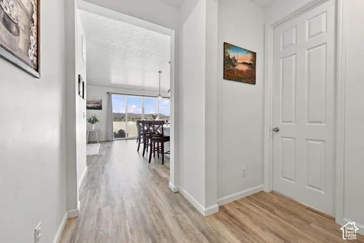 Hallway entering home with a guest bathroom to the right and office in corner.