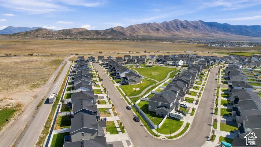Residential community featuring a central green space, paved streets, and sidewalks