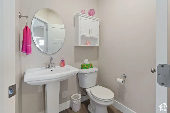 Pedestal sink with chrome faucet, a wall-mounted medicine cabinet, and wood-finish flooring