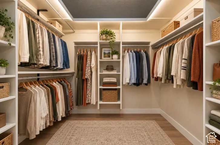 Built-in shelving and hanging rods, recessed lighting, and wood-finish flooring