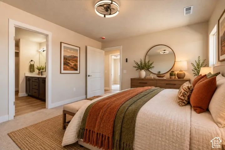 Recessed lighting with a ceiling fan, carpeted flooring, wood-finish flooring, a vanity with a stone-finish countertop, and built-in cabinetry