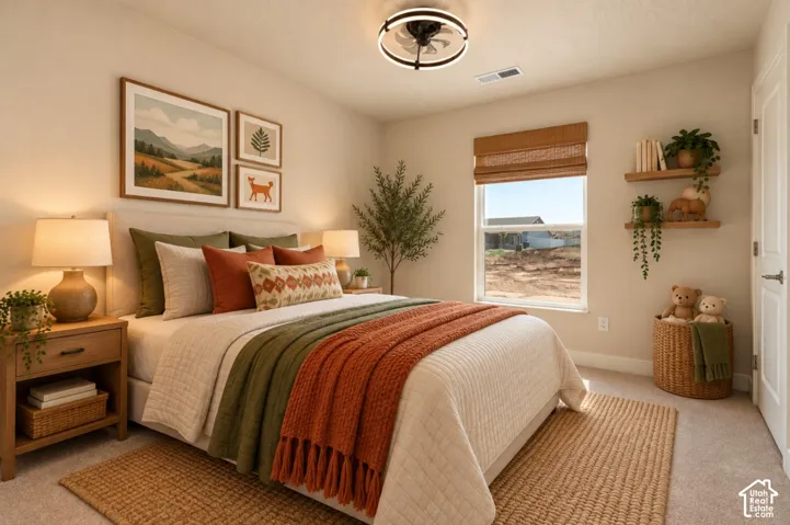 Neutral painted walls with a modern ceiling fan fixture