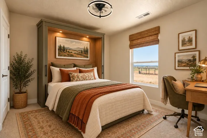 Built-in wall bed with integrated lighting, a ceiling fan with light fixture, a window with a woven shade, and neutral wall paint
