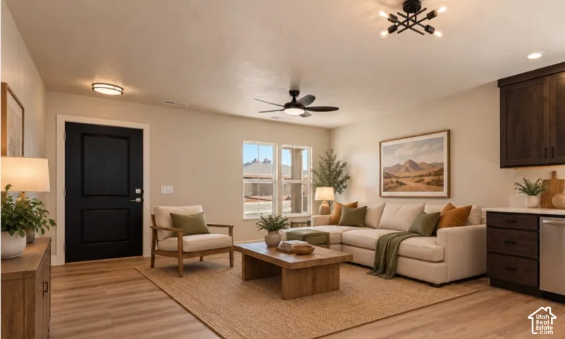 Open-concept living space with wood-finish flooring, a contemporary ceiling fan, and dark wood-finish cabinetry