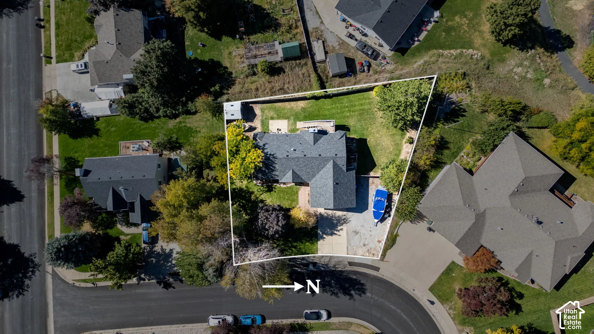 Manicured lawn, mature trees, and a paved driveway leading to the residence