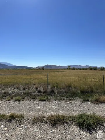 Expansive open field with natural vegetation, framed by distant mountains under a clear sky