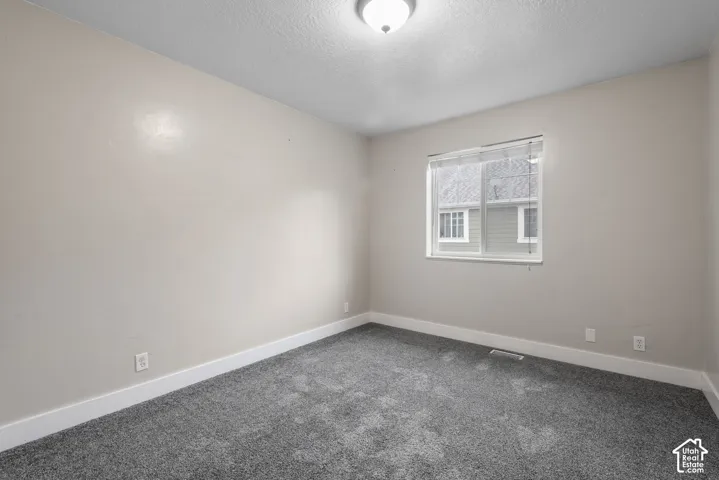 Neutral paint colors, window with white trim, textured carpeting, and ceiling-mounted light fixture
