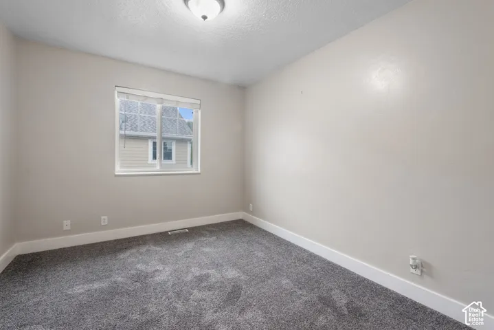 Neutral wall paint, gray carpeting, a single window, and a ceiling-mounted light fixture