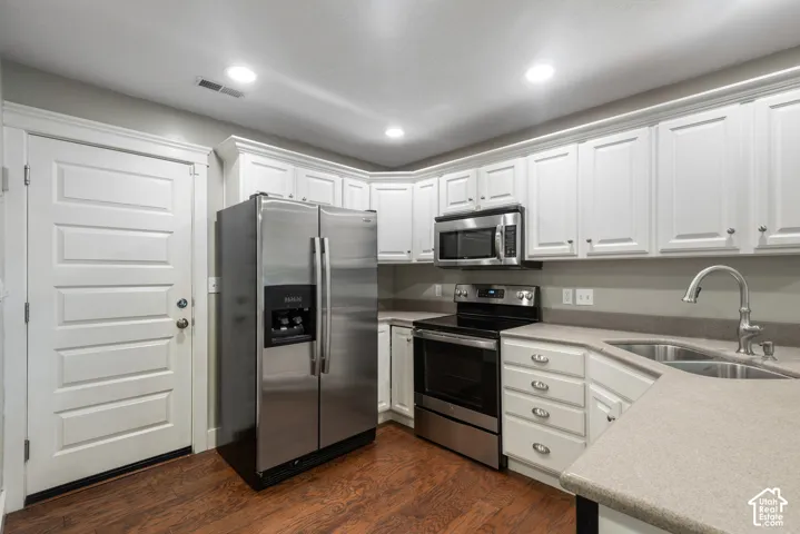Kitchen featuring wood-finish flooring, white cabinetry, stainless steel appliances, and a double basin sink with a gooseneck faucet