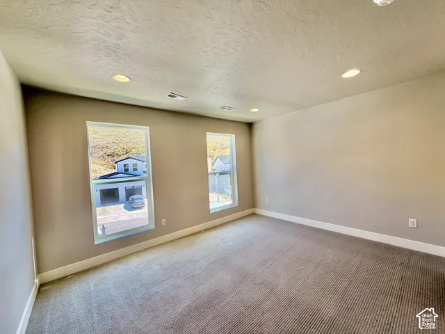 Recessed ceiling lighting, textured ceiling, two windows, wall-to-wall carpeting, and neutral wall paint