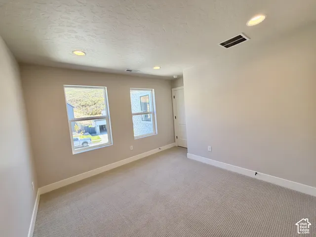 Recessed lighting, light-toned carpeting, multiple windows, and a white paneled door