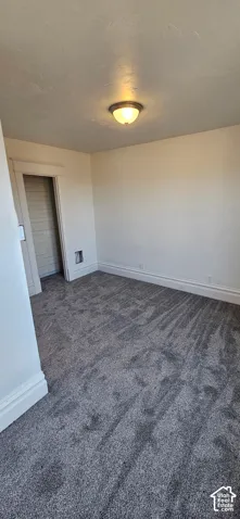 Recessed closet with a wood-paneled interior, new carpeting, white baseboards, and a flush mount ceiling light