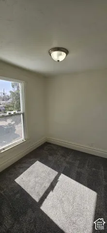 Wall-to-wall carpeting with a neutral color palette, featuring a double-hung window with white trim, and a flush-mount ceiling light fixture