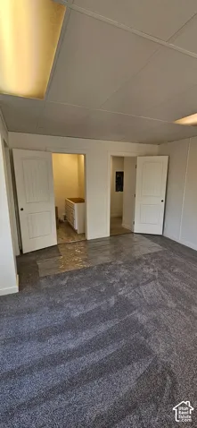 Gray patterned carpeting, two panel doors, recessed lighting, and a white vanity cabinet with a wood-finish top