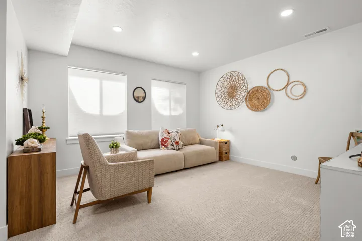 Recessed lighting illuminates the room, featuring two windows with roller shades, white walls, and light-toned carpet
