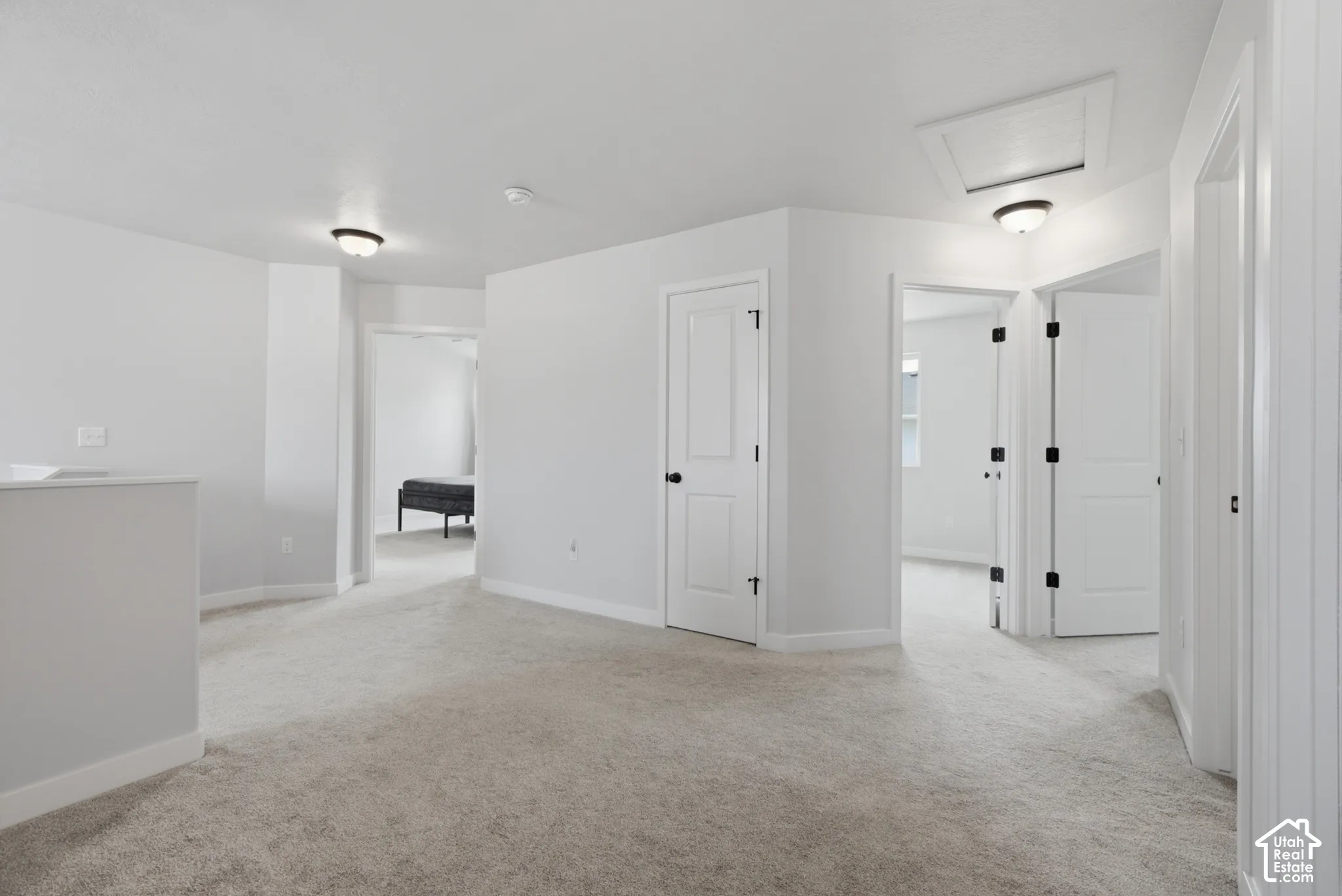 Neutral-toned carpeting, white walls, and multiple panel doors with dark hardware