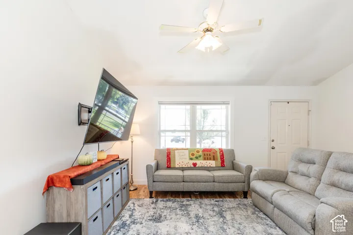 Recessed lighting and ceiling fan overhead
