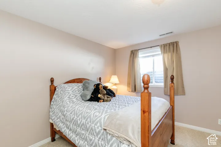 Carpeted flooring, neutral wall paint, and a window with natural light
