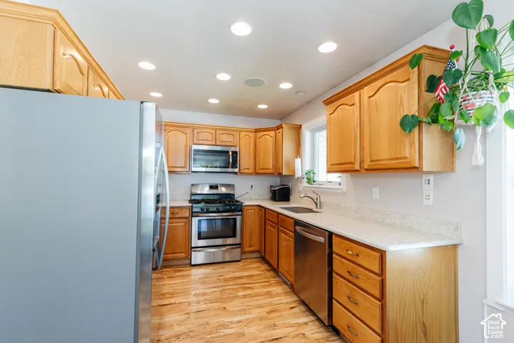 Kitchen featuring wood cabinetry, stainless steel appliances, recessed lighting, wood-finish flooring, and light-toned countertops