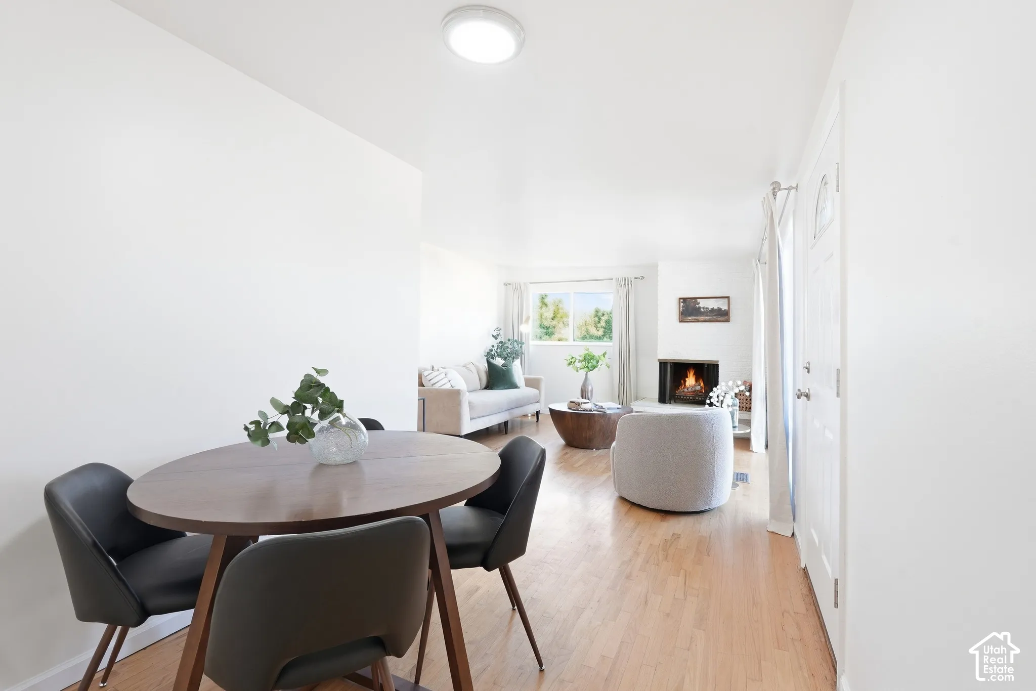 Open-concept living area with wood-finish flooring, a contemporary fireplace, and a window providing natural light