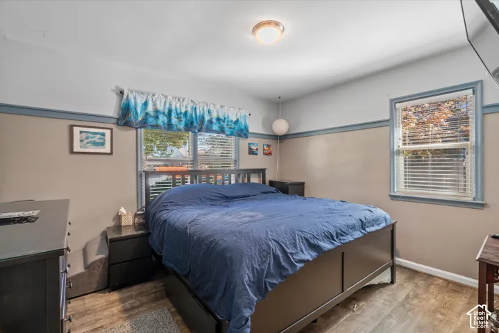Wood-finish flooring, two windows, and a flush mount ceiling light