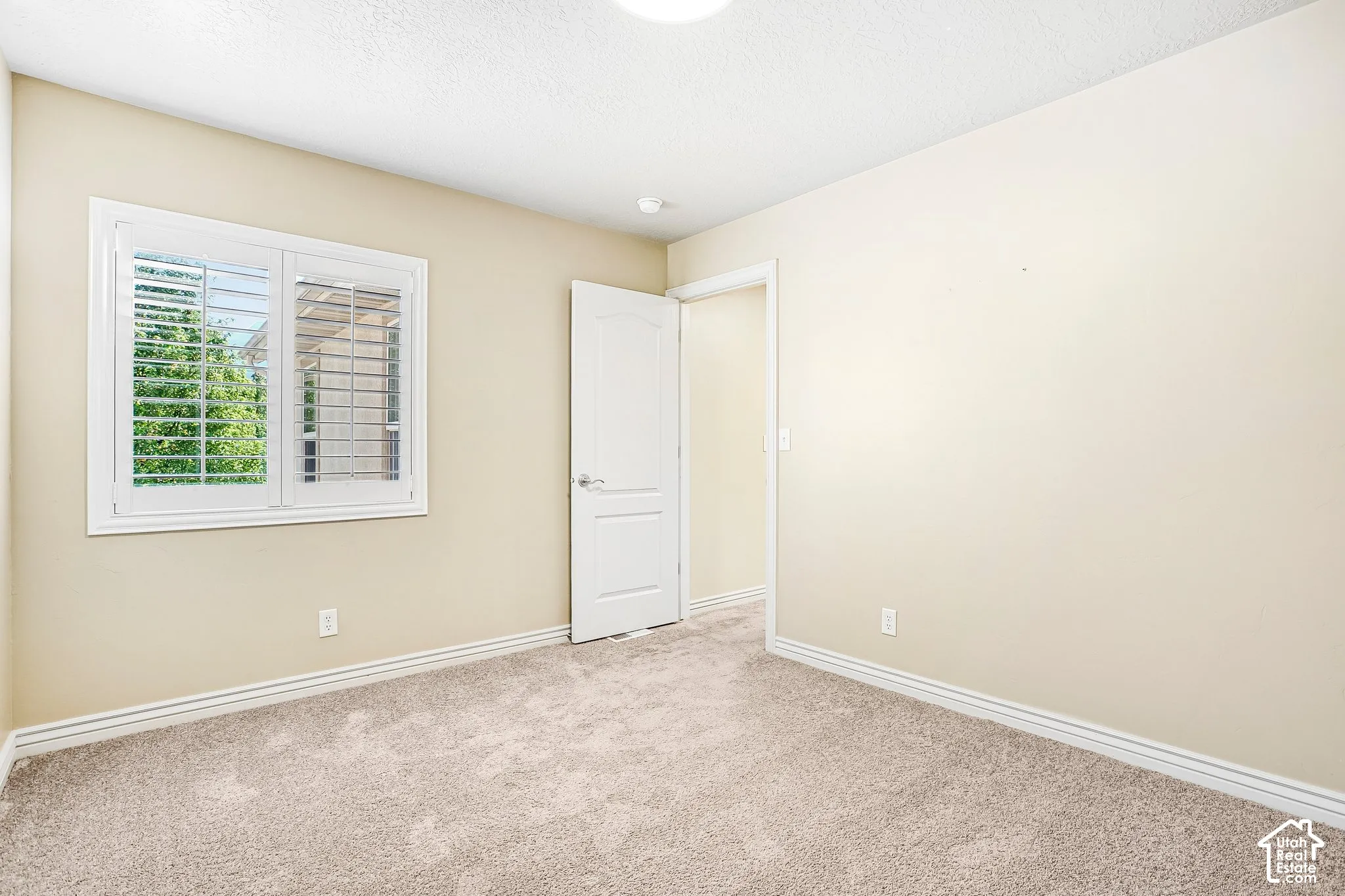 Neutral wall color, window with plantation shutters, plush carpeting, white interior door, and trim molding