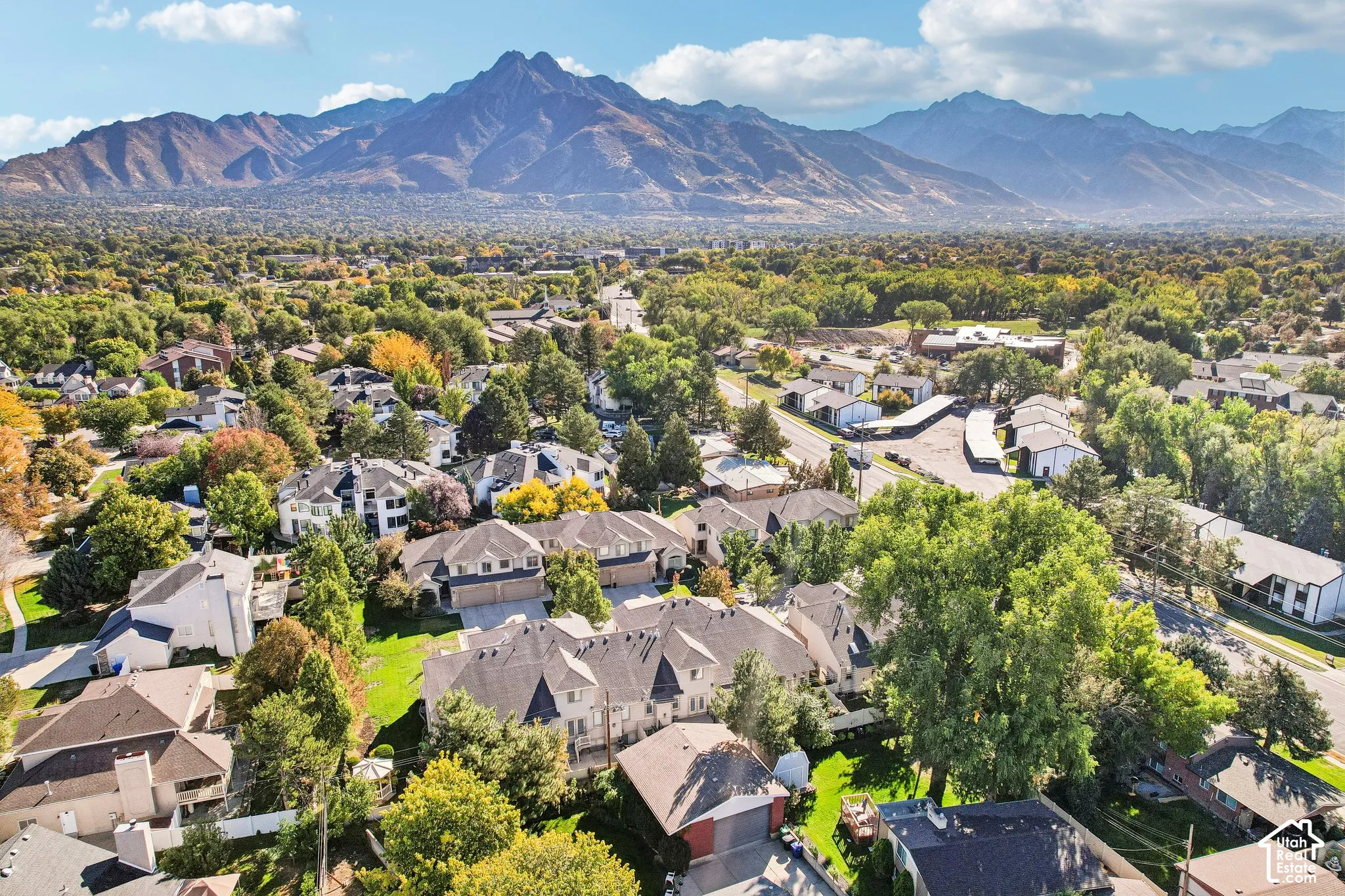 Expansive residential community with established landscaping and mountain backdrop