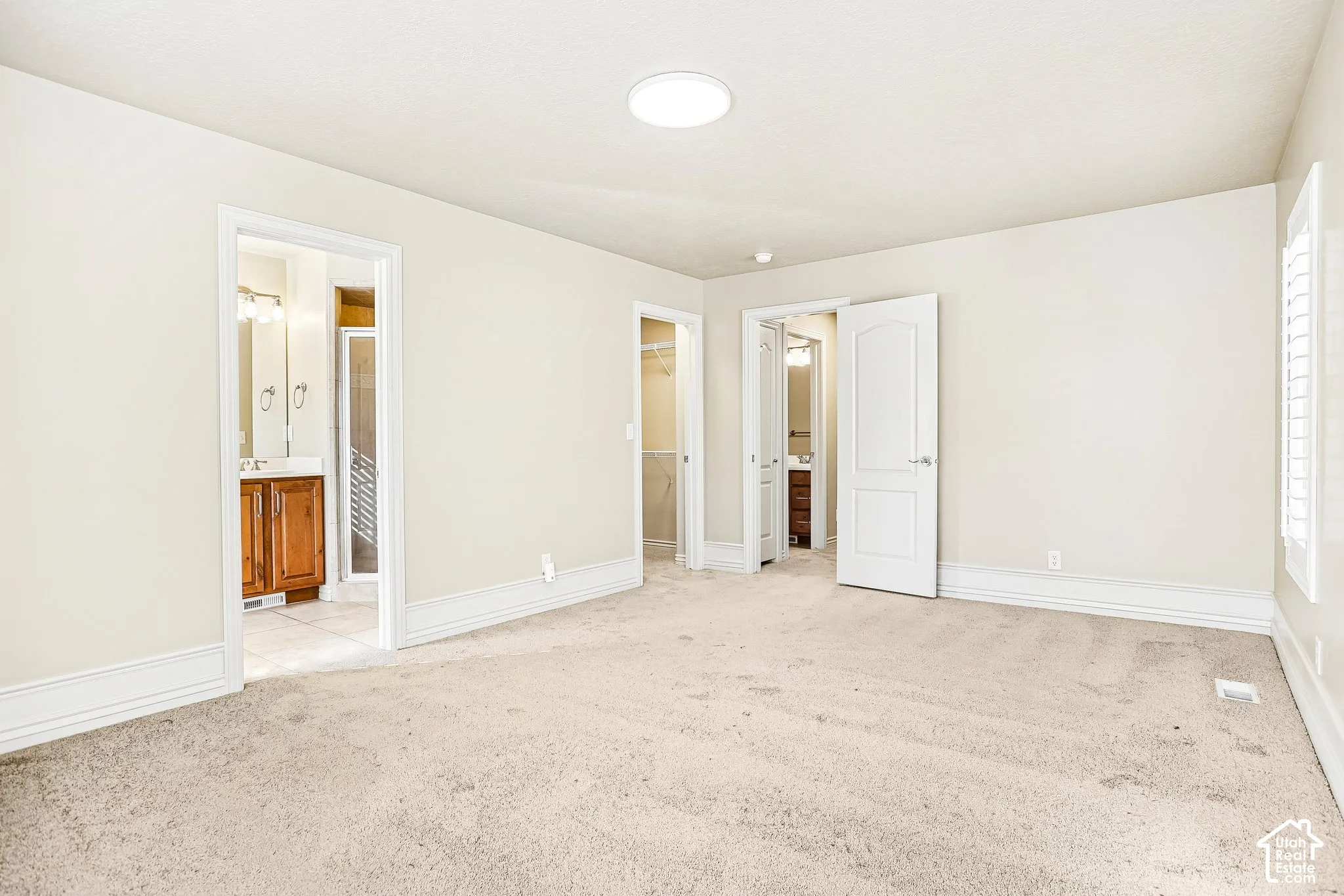 Plush carpet flooring, neutral painted walls, white trim, and a ceiling-mounted light fixture