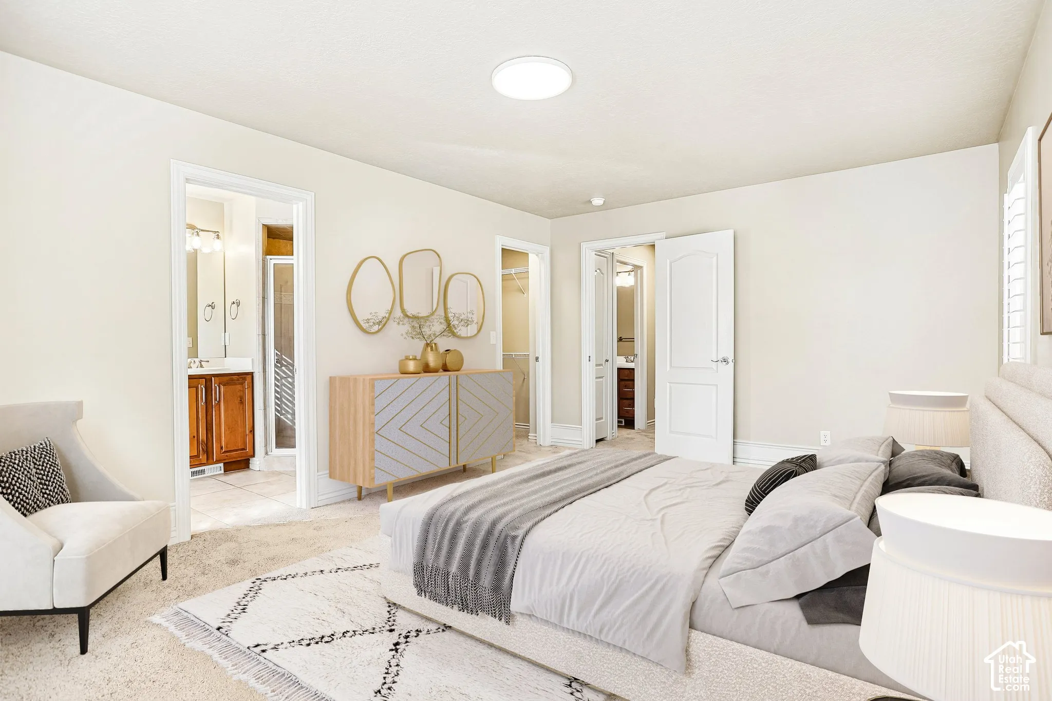 Neutral wall tones, carpeted flooring, and a round flush-mount ceiling light