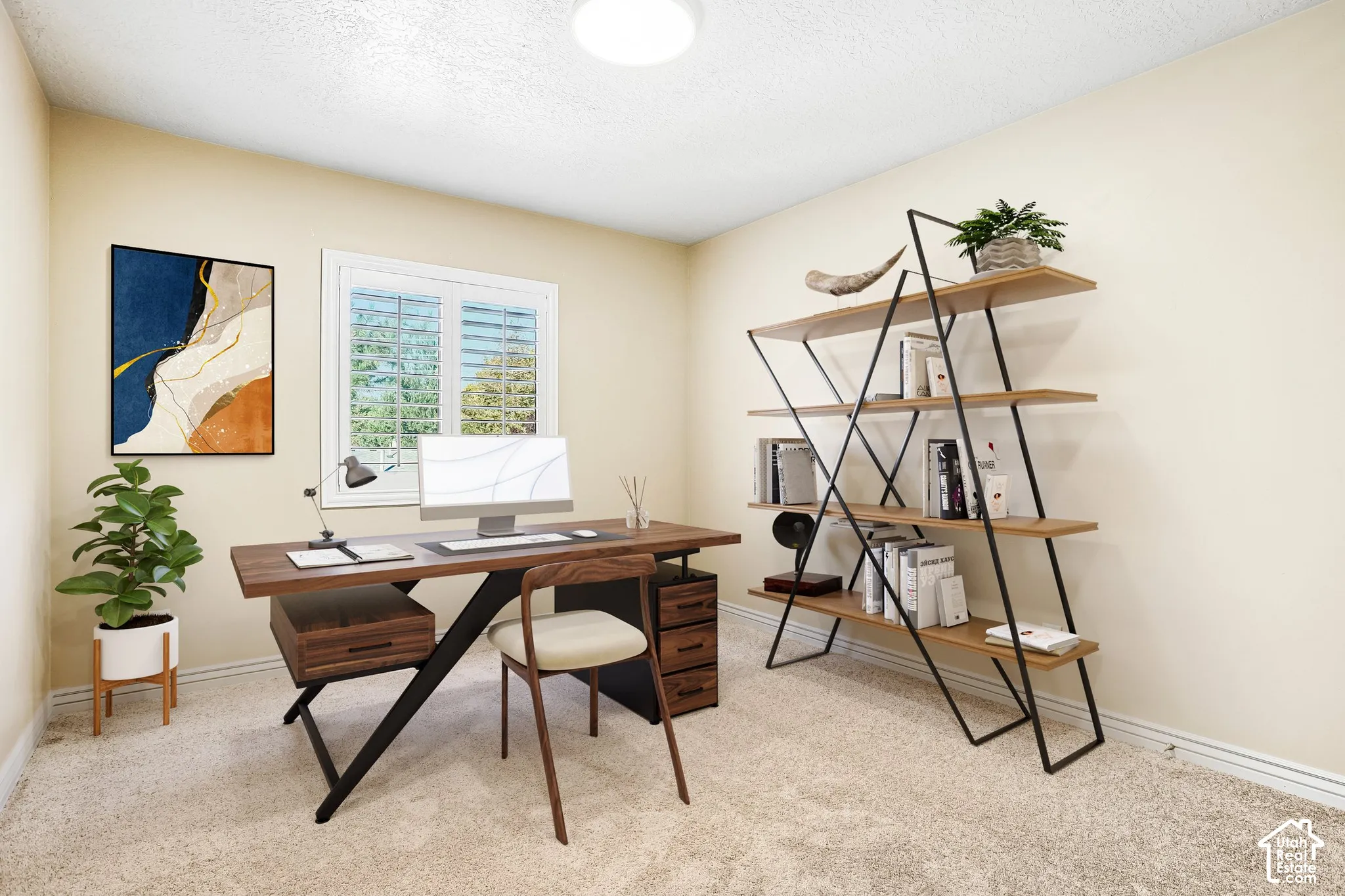Window with white louvered shutters, carpeted flooring, and neutral wall paint