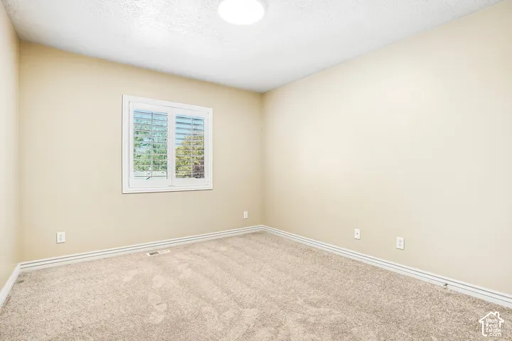 Neutral-toned walls complement the textured carpeting