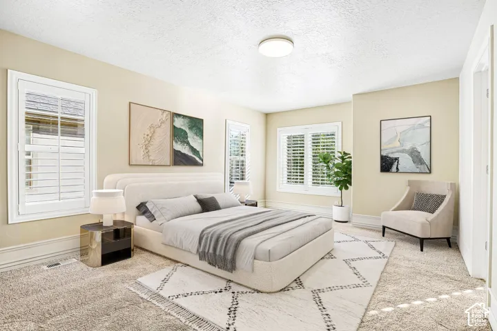 Plush carpet flooring, multiple windows with white plantation shutters, ceiling-mounted light fixture, and crown molding accents