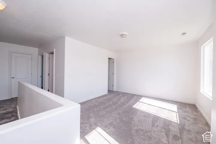 Carpeted room with white walls, a single window, and a flush-mount ceiling light