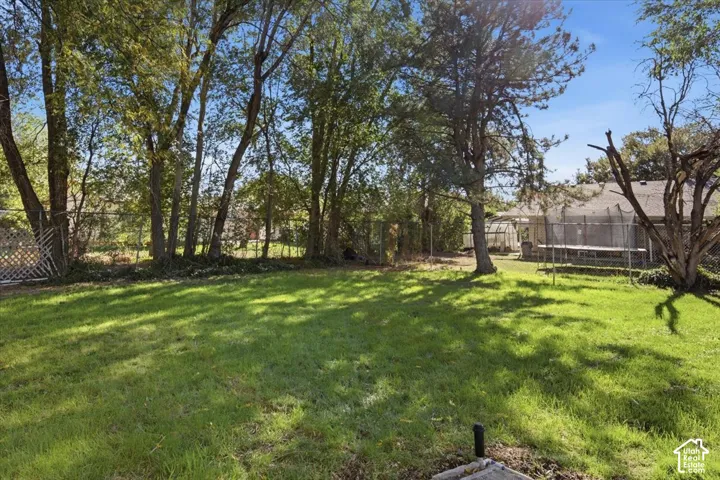 Expansive green lawn with mature trees and perimeter fencing
