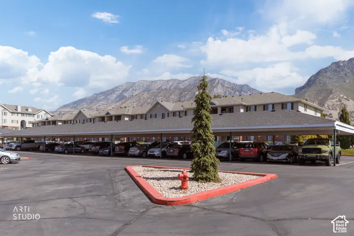 Covered parking structures with mountain scenery