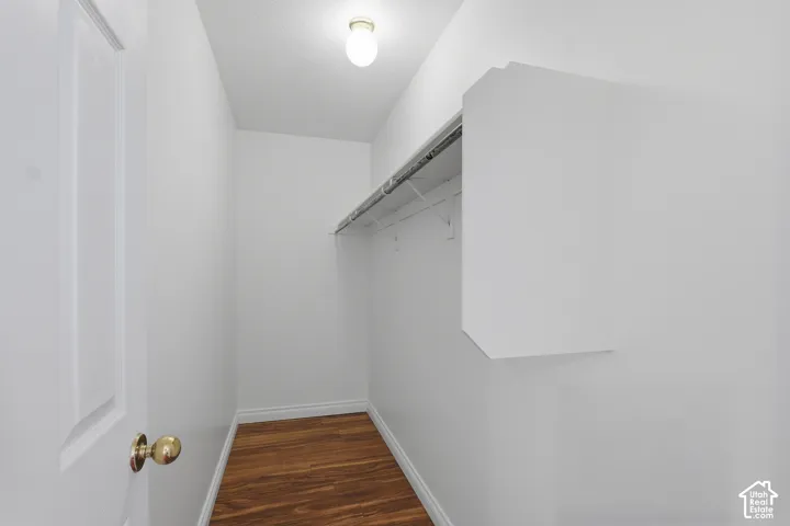Walk-in closet, overhead lighting, and built-in shelving