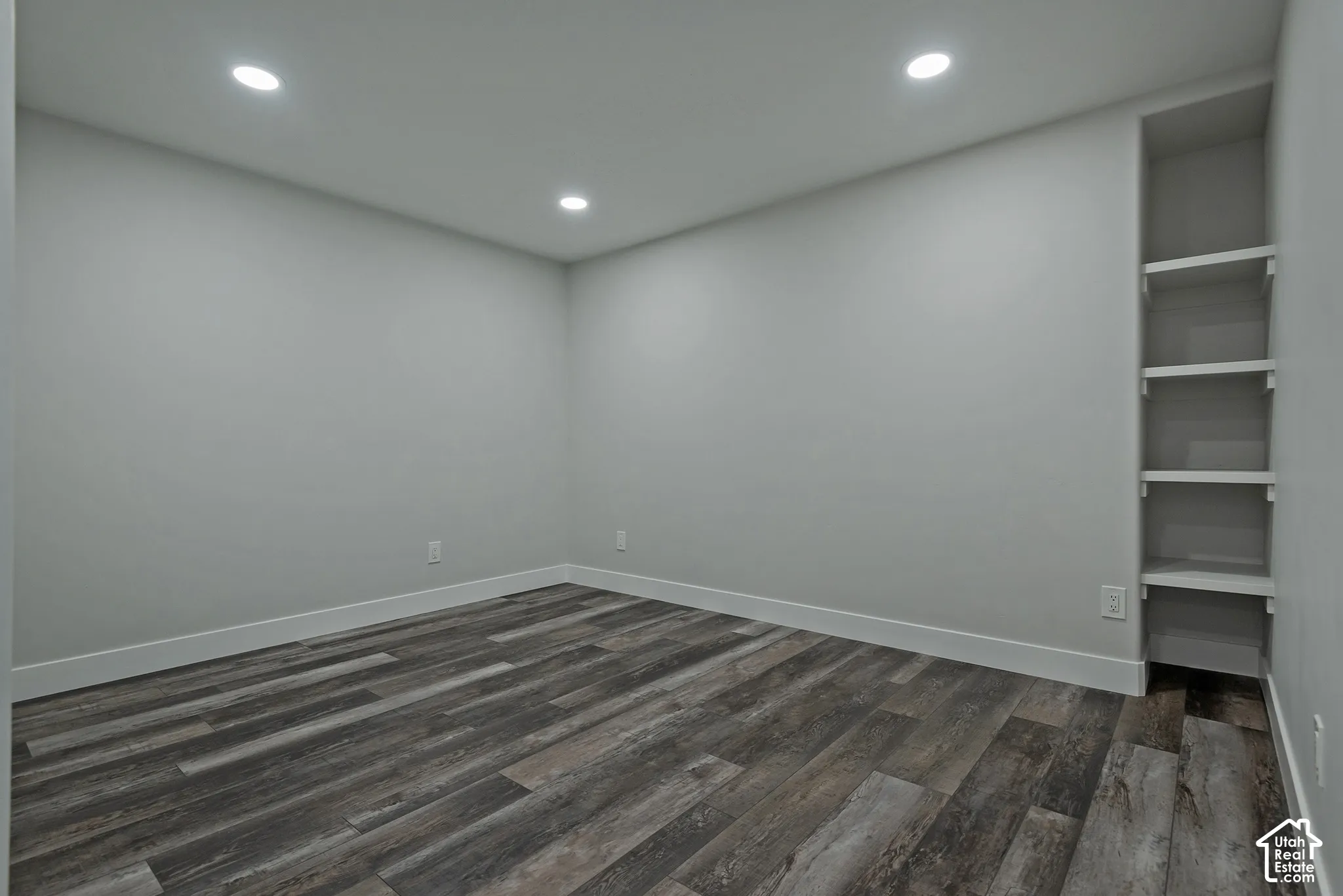 Wood-finish flooring, recessed lighting, and built-in shelving
