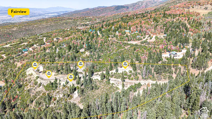 Expansive sloped terrain with abundant mature trees and mountainous backdrop